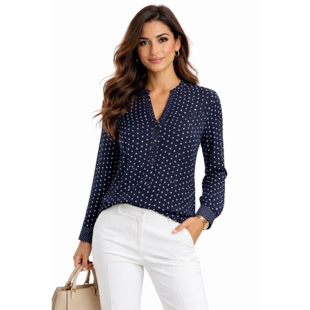 The Limited Navy Blue White Polka Dot Split Neck Blouse M‎ Preppy Academia 55-37